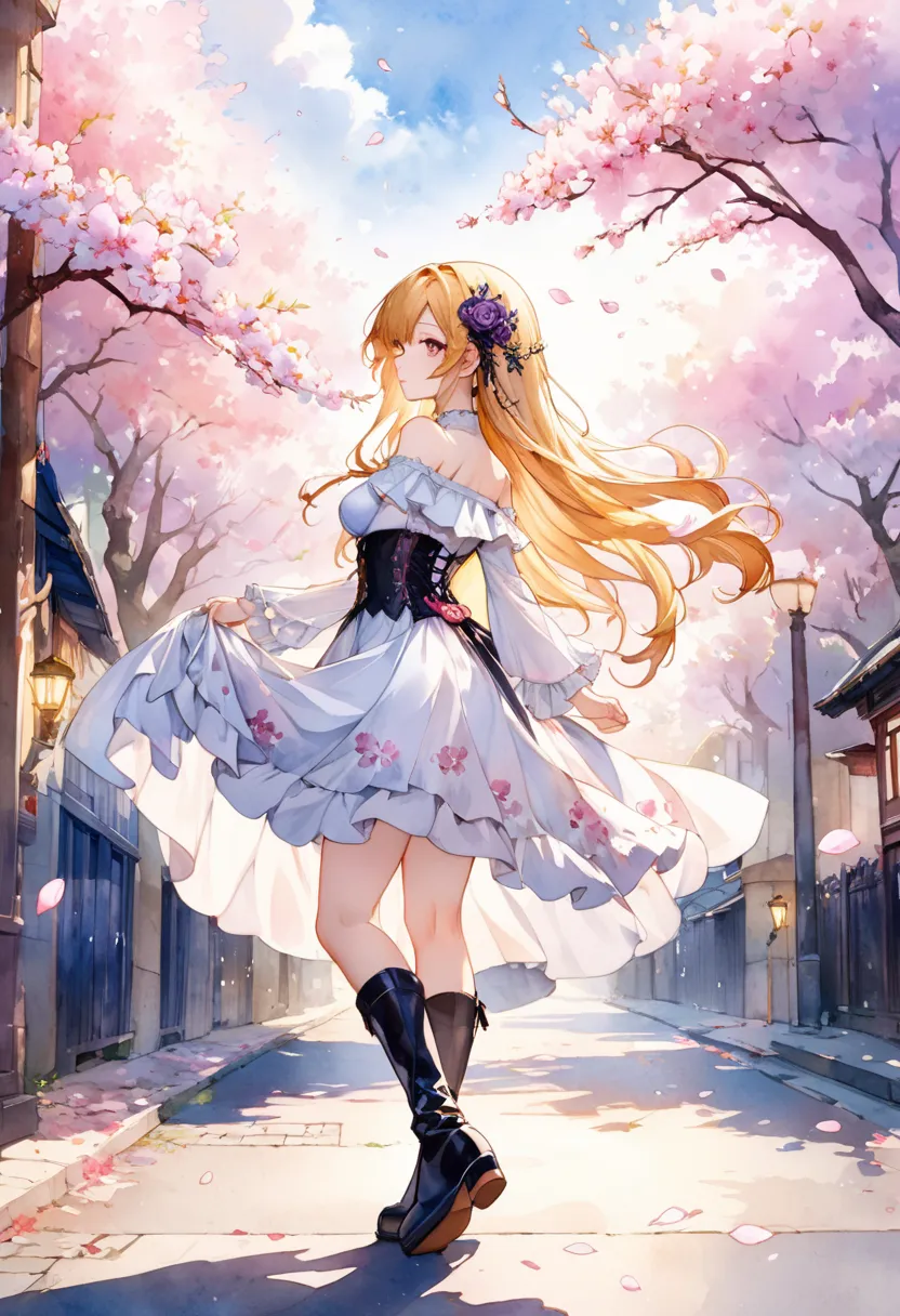 (((nsfw)))、 (((watercolor))), (((gothic))),      A woman standing on a street where cherry blossoms bloom  、  Seductive scene    ,    Decorate with hair ornaments    、      pose is medium length     ,     wavy golden hair ..。.。Super mini skirt with frills,...