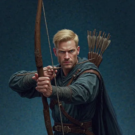 A blond man with short hair with blue eyes and glasses with a short beard with a bow in his hands and arrows in his back warrior style realistic midnight blue background

