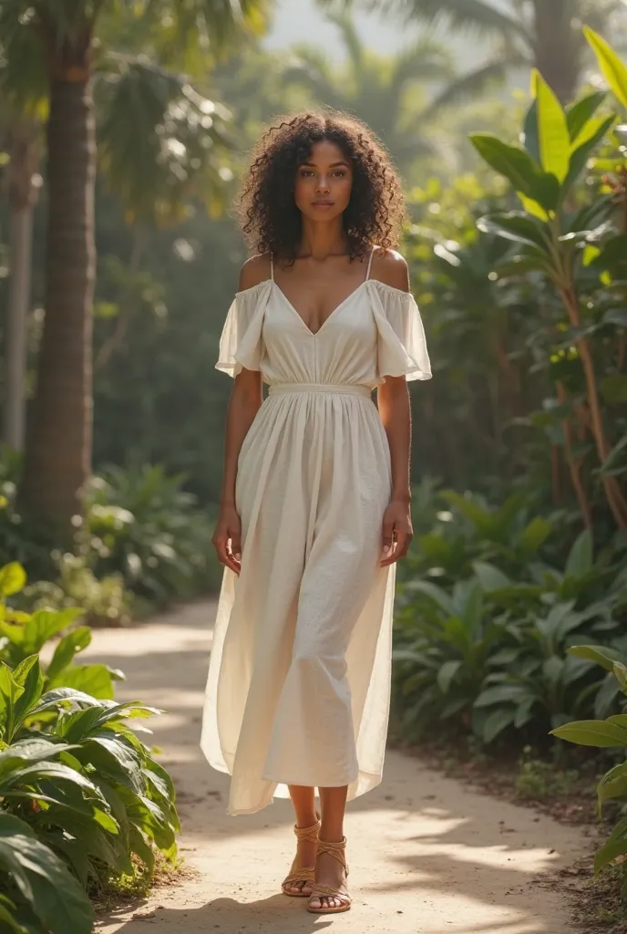 Realistic photo, Brazilian woman, standing, STOP, WEARING WHITE LINEN DRESS,  short sleeve, STRAPPY SANDALS AND SQUARE HEELS
