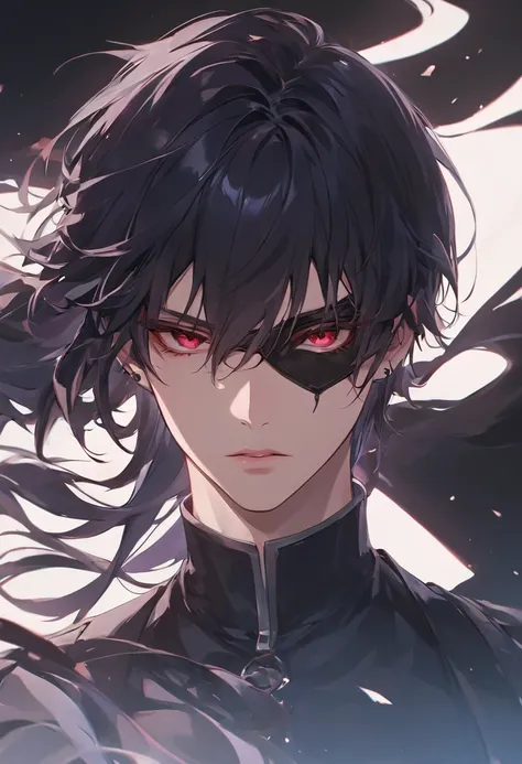 A highly detailed, ultra-HD anime-style illustration of a male bounty hunter, captured in a dramatic close-up shot. His jet-black hair is depicted with silky highlights and intricate strands, flowing naturally with subtle dark undertones that enhance its d...