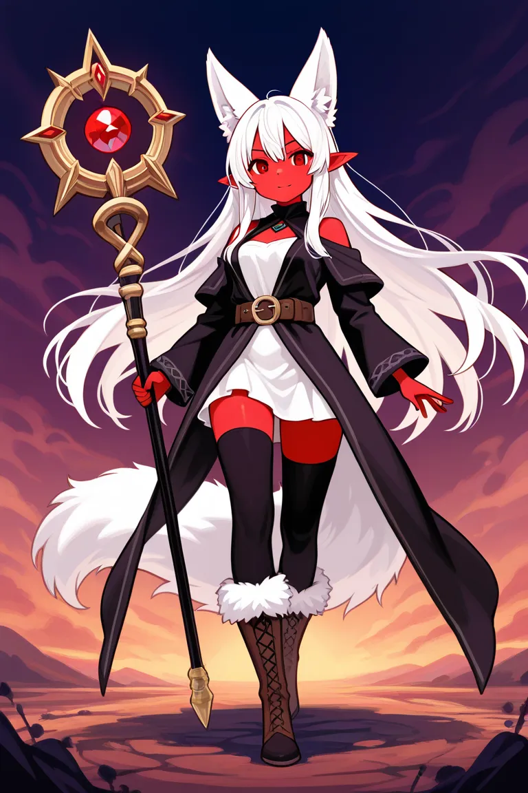 The illustration depicts a fantasy character with striking features. The character has vivid red skin adorned with black markings, long flowing white hair, and pointed ears, suggesting an otherworldly or demonic origin. They are dressed in a tattered, fur-...