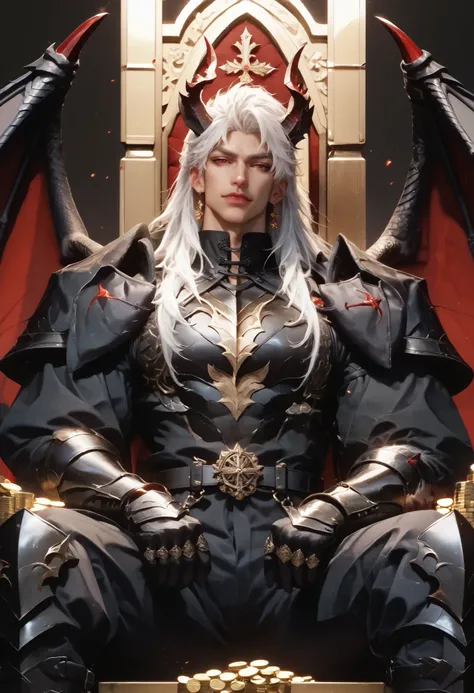 Anime illustration semi-realism of Chinese human dragon hybrid male, semi realistic, muscular, very broad shoulders, smaller waist, slightly muscular body, Asian eyes, monolid eyes, long hair, (((long white hair))), pretty lips, (((red eyes))), sleek desig...