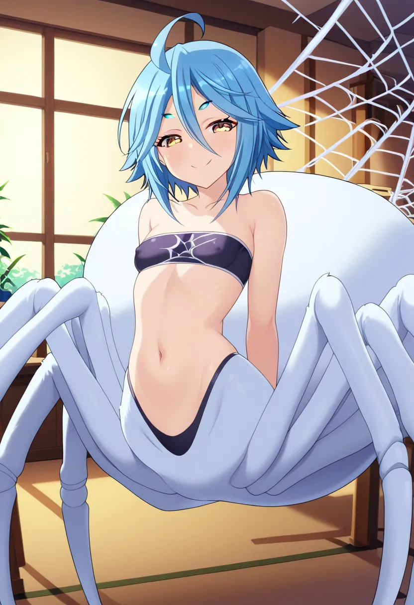 best quality, anime_font, indoors, 1girl, papi, hair between eyes, blue hair, yellow eyes, ahoge, half closed eyes, smile, fit hips, thin bra, wide hips, bandeau bikini, covered hard nipples, 8 spider legs, highleg panties, small breasts, arachne, spider b...