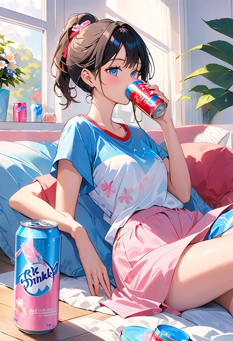 Elegant woman sipping a can of pink and blue cans at Home, In a can「BYSELF」 with , [drink, Home,  Stay Laid-Back and Cool , blanking of experiences,  twinkle in both armpits,  relax,  I'm a little drunk , Product Photos