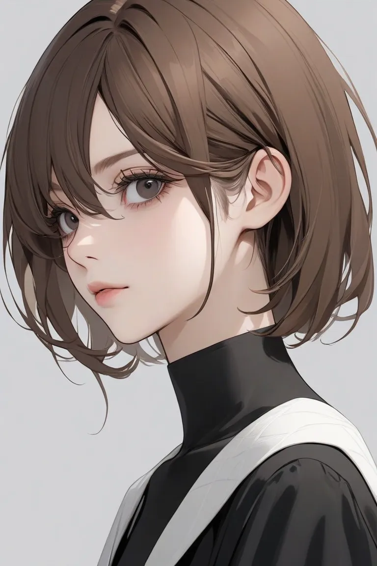 Minimalist woman, Long brown hair, with a black eye prosthesis instead of one eye, the eyelids are in place and the prosthesis replaces the eye