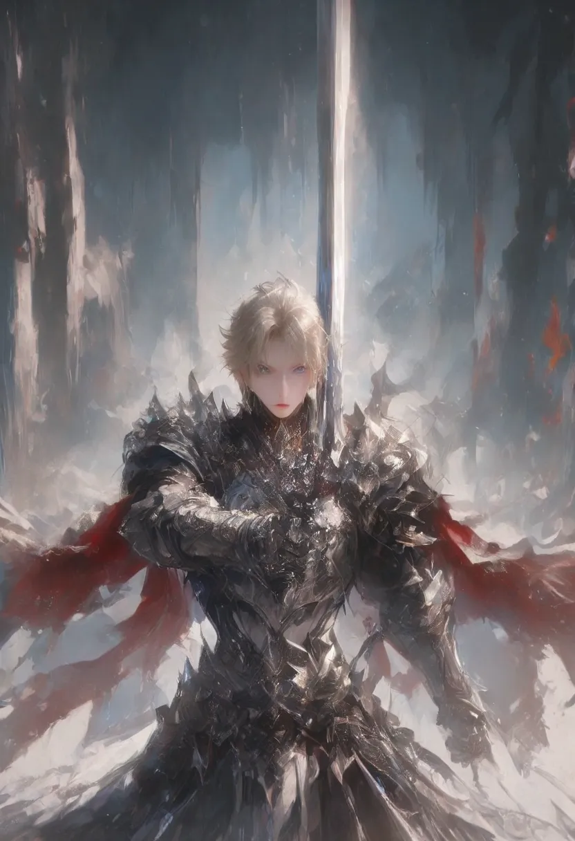  A Man, male, beautiful, Alone, blonde hair, eyes with blue irises and vertical pupils,  Silver Armor, red cape, holding a sword.