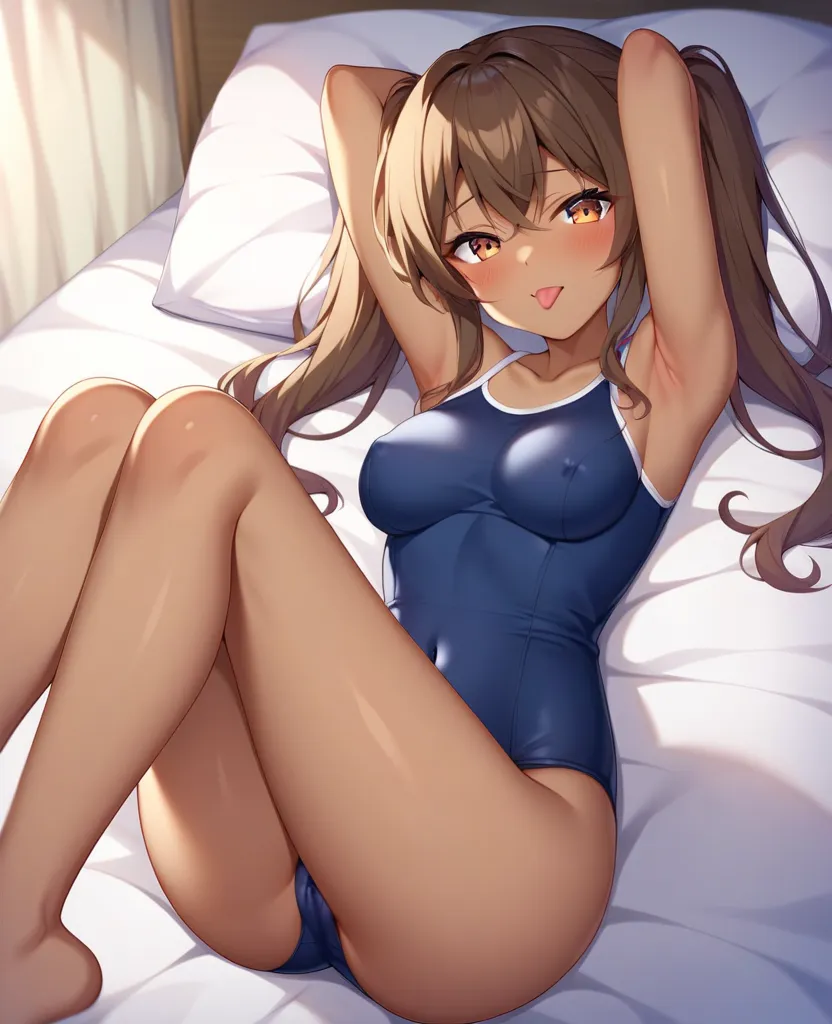 Anime Beautiful Girl（ cool series）、the same style as a Russian woman、 small tits、brown skin、 dark skin 、Brown skin all over、Low body（140cm）、thighs are thick、Clear and Narrow、 black lace、brown eyes、 white contrast 、ponytails for beautiful people、open your l...