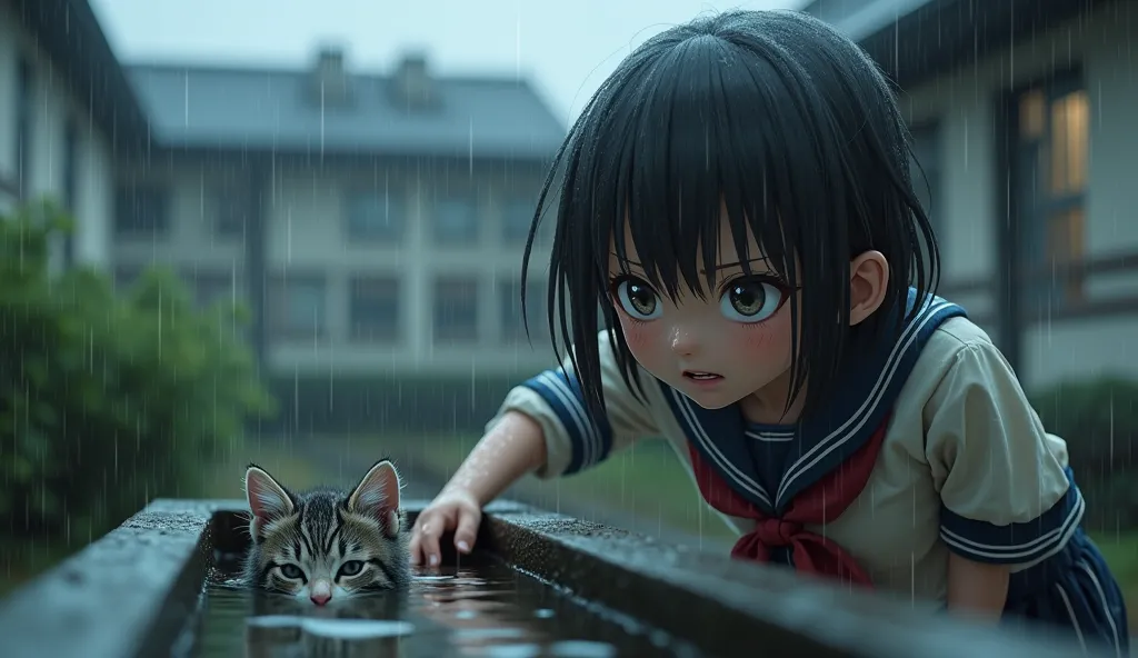 Japanese girl rescuing kitten from rain gutter, school uniform soaked transparent, mixture of determination and panic in expression, Blackmagic Pocket Cinema Camera 6K --style scenic