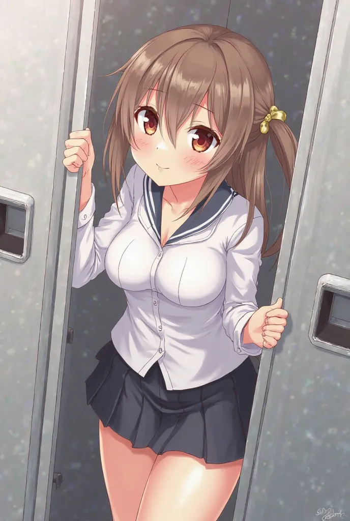 anime,ash brown hair,Cute uniform,chest,chestはだける,bras slightly in the locker, uniform-style skirt , sexy, thighs,Big Breasts,Red cheeks, sexyな表情,classroom,Close range for 2 people alone in a locker。Picture of looking at me with an upward gaze