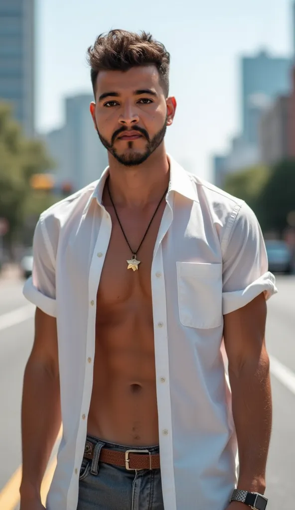 Man dressed in an open dress shirt, summer style, in fashion, looking forward, casual style, in the street, measuring about 172 cm, 80kg average athletic body, City of São Paulo in the background, wearing gold star of David necklace,  Sunny day , portrait ...