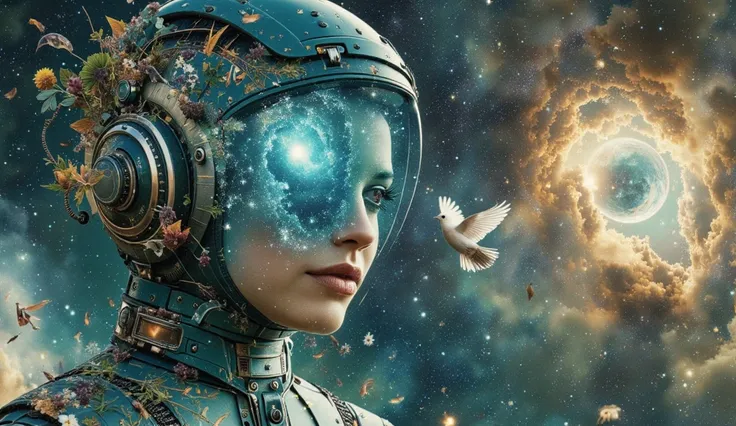 Painting of a woman with a blue green helmet with a slightly transparent visor inside which we see a galaxy and a blue green dress with a watch, inspired by Gaston Bussiere cathedral atmosphere, inspired by Vincent Lefevre with hyperrealistic Art Nouveau t...