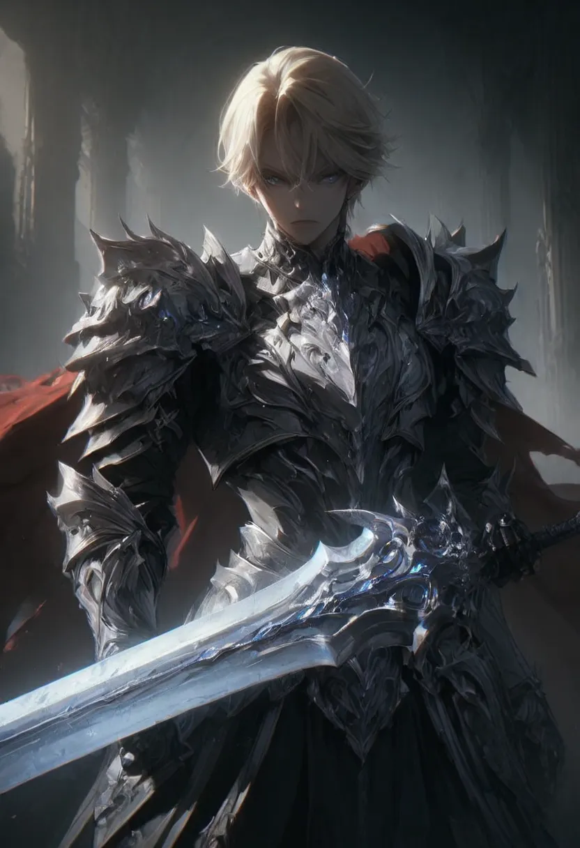  A Man, male, beautiful, Alone, blonde hair, eyes with blue irises and vertical pupils,  Silver Armor, red cape, holding a sword.