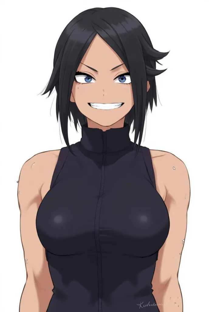 Female, short hair, black hair, messy hair, scars all on body, blue eyes, pale skin, flat colored, 2d coloring, muscular body, bright pupils, large breasts, highly detailed, detailed eyes, black sleeveless closed tracksuit top, grin, white background, naru...