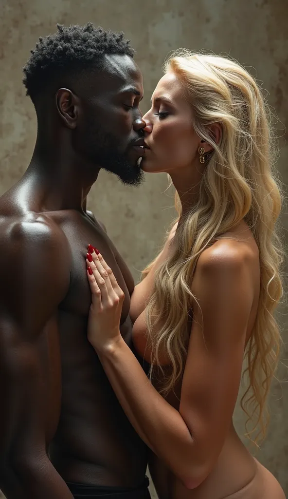 (masterpiece), ((super photorealistic)), (nsfw), ((anatomically correct)), A beautiful blonde with long hair and huge tits is naked and sucking a huge black man's cock, and a huge load of cum comes out of her mouth