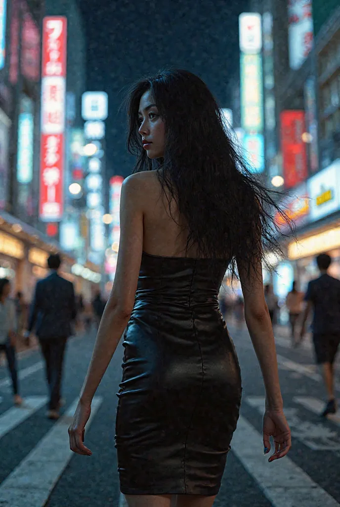 8k Ultra realistic woman long black hair, Shapy body brunette Clara, walking in the center of Tokyo at night 