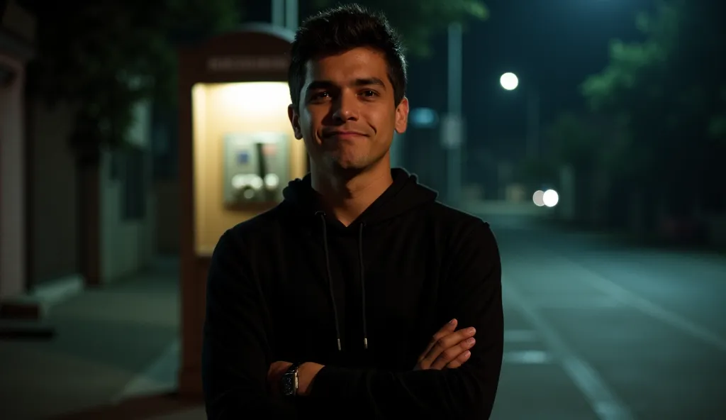 A young Hispanic man, around 23 years old, with short dark brown hair and hazel eyes, standing in a dimly lit street at night. He has a confident, amused expression, smirking slightly. He is wearing a black hoodie, arms crossed, looking fearless. Behind hi...