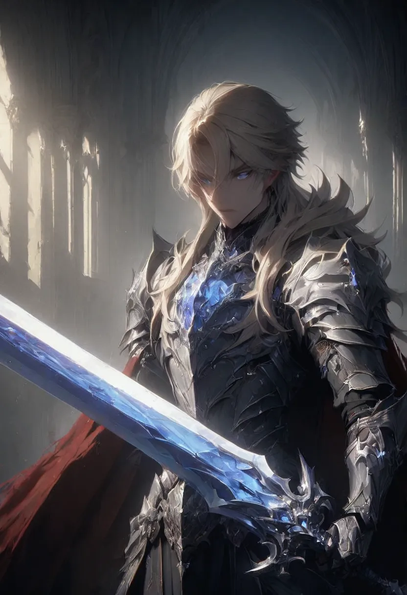  A Man, male, beautiful, Alone, blonde hair, eyes with blue irises and vertical pupils,  Silver Armor, red cape, holding a sword.