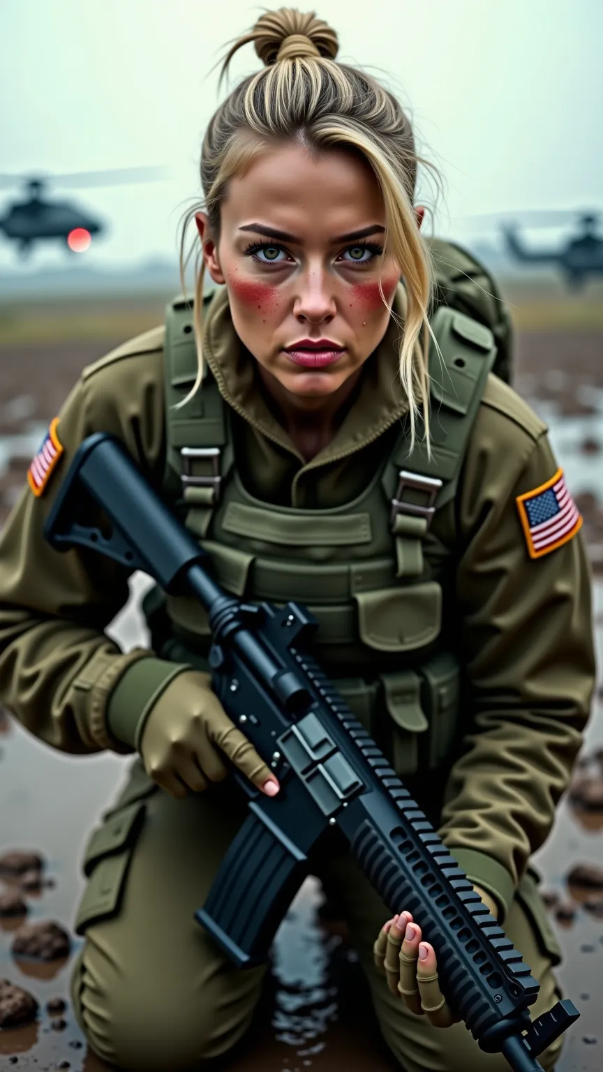 A highly detailed, photorealistic image of a determined U.S. Navy SEAL female soldier in a combat training exercise, wearing a tactical vest, camouflage uniform, and carrying an assault rifle. She kneels in a muddy battlefield, sweat on her face, with a ba...