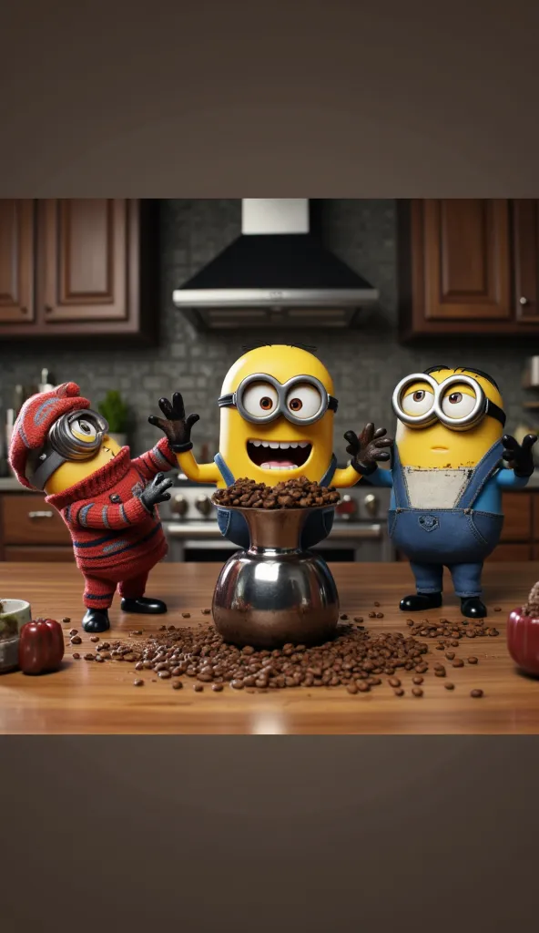 
A hyper-realistic miniature scene in a horror movie setting on a kitchen countertop, featuring three animated Minions characters, they enthusiastically wrap around an elegant coffee machine, with a Minion character wearing a Minion character red striped s...