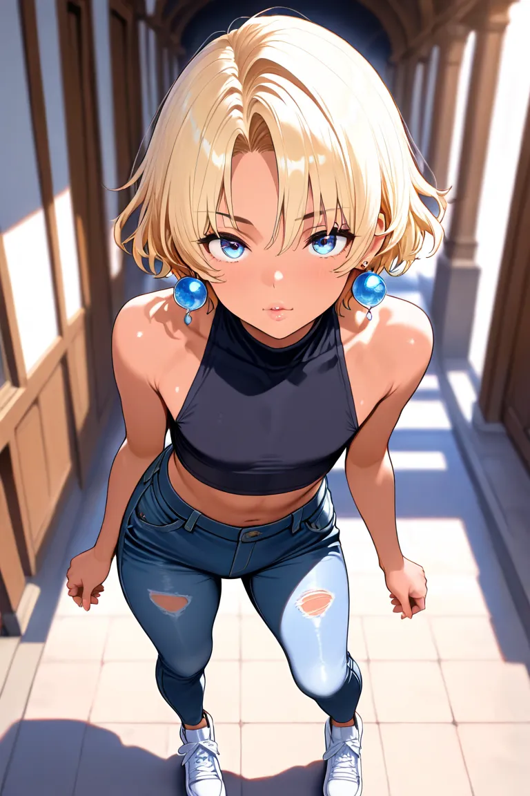 1boys, male forcus,solo,otoko no ko,Shoulder-length wavy blonde hair with outward-flipping ends, center-parted bangs. Slightly upturned blue eyes (contacts), glossy thick lips. Tanned skin, average height with long legs.

Crop top with distressed jeans, pl...