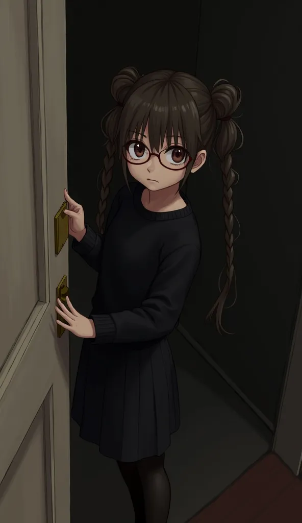 Small girl, young, full body, (solo 0.6), dark brown hair, braids, twintails, messy braids, puffy hair, messy hair, very long hair, brown eyes, skinny body, slender body, thin waist, flat chest, indoors, (solid black sweater 0.9), black sweater, tight swea...