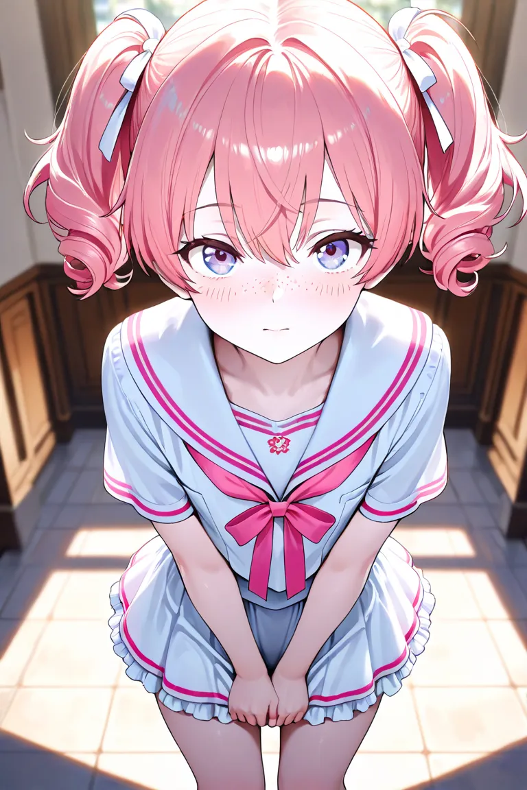 1boys, male forcus,solo,otoko no ko,
Shoulder-length fluffy pink twin tails with white and pink striped ribbons, curled ends. Small round face with pinkish eyes, slight freckles. Soft white skin, petite and delicate frame.

Pink and white sailor uniform wi...