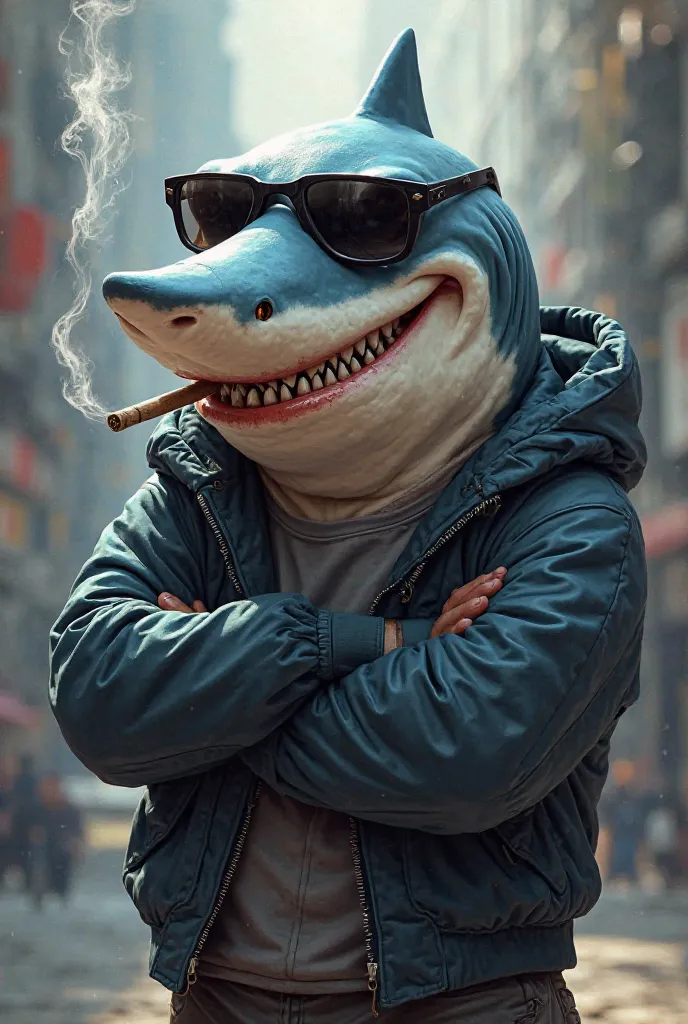 Shark swag character with dark glasses smoking and smiling