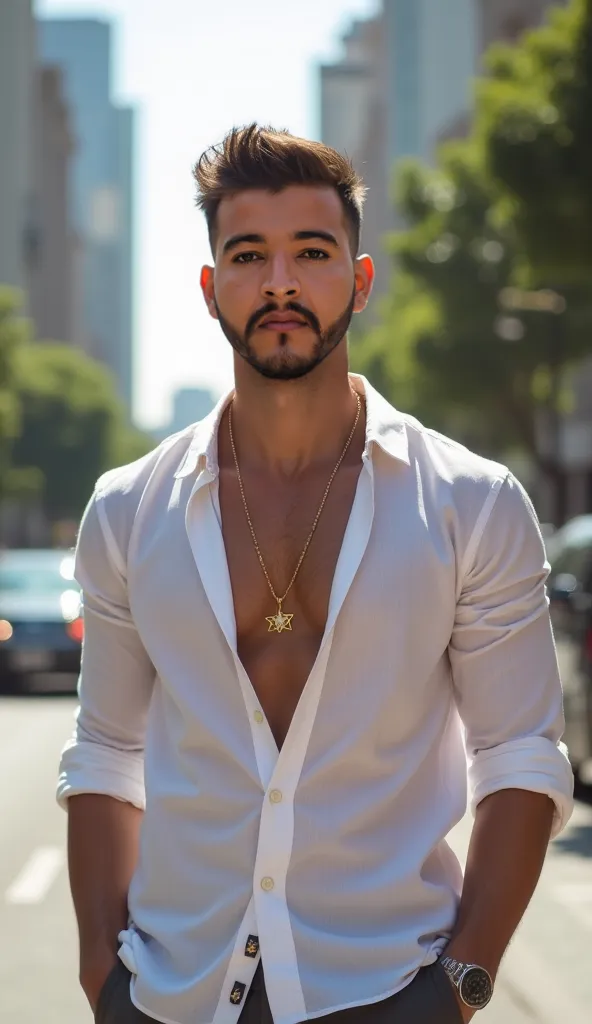 Man dressed in a half-open dress shirt, summer style, in fashion, looking forward, casual style, in the street, measuring about 172 cm, 80kg average athletic body, City of São Paulo in the background, wearing gold star of David necklace,  Sunny day , Portr...