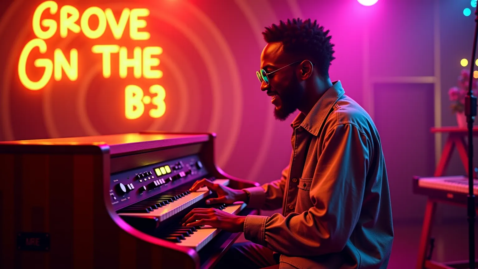 "A vibrant retro scene featuring a Hammond B-3 organ in the spotlight, surrounded by funky neon lights in warm orange and purple hues, with groovy musical notes swirling around. A soulful Black musician in a stylish 1970s outfit (wide-collared shirt, sungl...