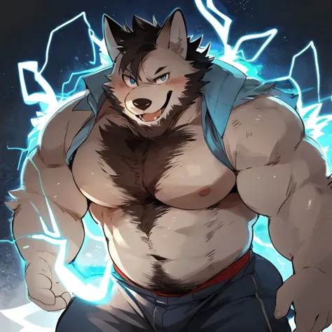 fox, furry, light blue electric color fur, electric powers, electricity, handsome, very muscular, very big, extremely hot and sexy, beard, hair, chest hair, charming eyes, solo, male, happy expression, daddy, full body, big body, clothes, middle aged, by h...