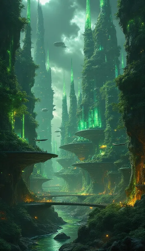 The city of Emerald Nexus stretches across the horizon, an intricate blend of organic and mechanical wonder. Towering translucent spires, pulsating with green luminescence, rise like colossal trees, their surfaces woven with biotech veins that channel ener...