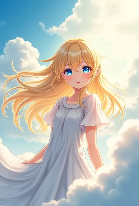 Anime Angel girl with golden hair with large shapes with blue eyes and clouds in the background 