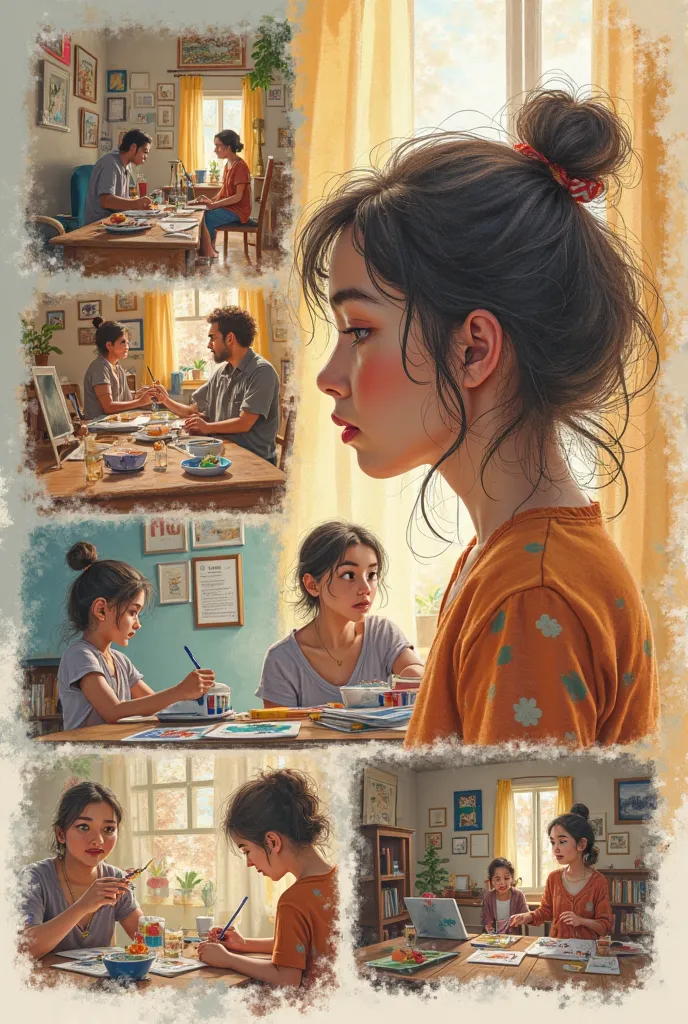 Media inside a ager's mind  "prompt": "A multi-panel realistic comic illustration telling the inspirational story of a young artist named Mariam in 9 panels. \nPanel 1: A modest, sunlit rural room in a small village home, showing young Mariam as a  sitting...