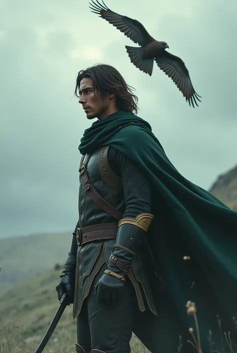  high quality, 8K Ultra HD, 1man, tall, slender, dark brown skin, shoulder length brown hair, curved knife with thin blade and long handle, armor, dark green cape, kestrel flying in the air above him, windy, cloudy 