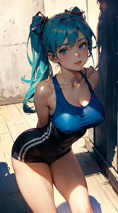 nakano miku, blush, ideal slim body, provocative pose,  indoors, gym, sport clothes, blue buruma, aesthetic background,CartoonGirl, background overloaded with details, sfw, effects (((perfect shading, perfect shadows, HDR-colors, SFX, VFX, HDR))), back sho...