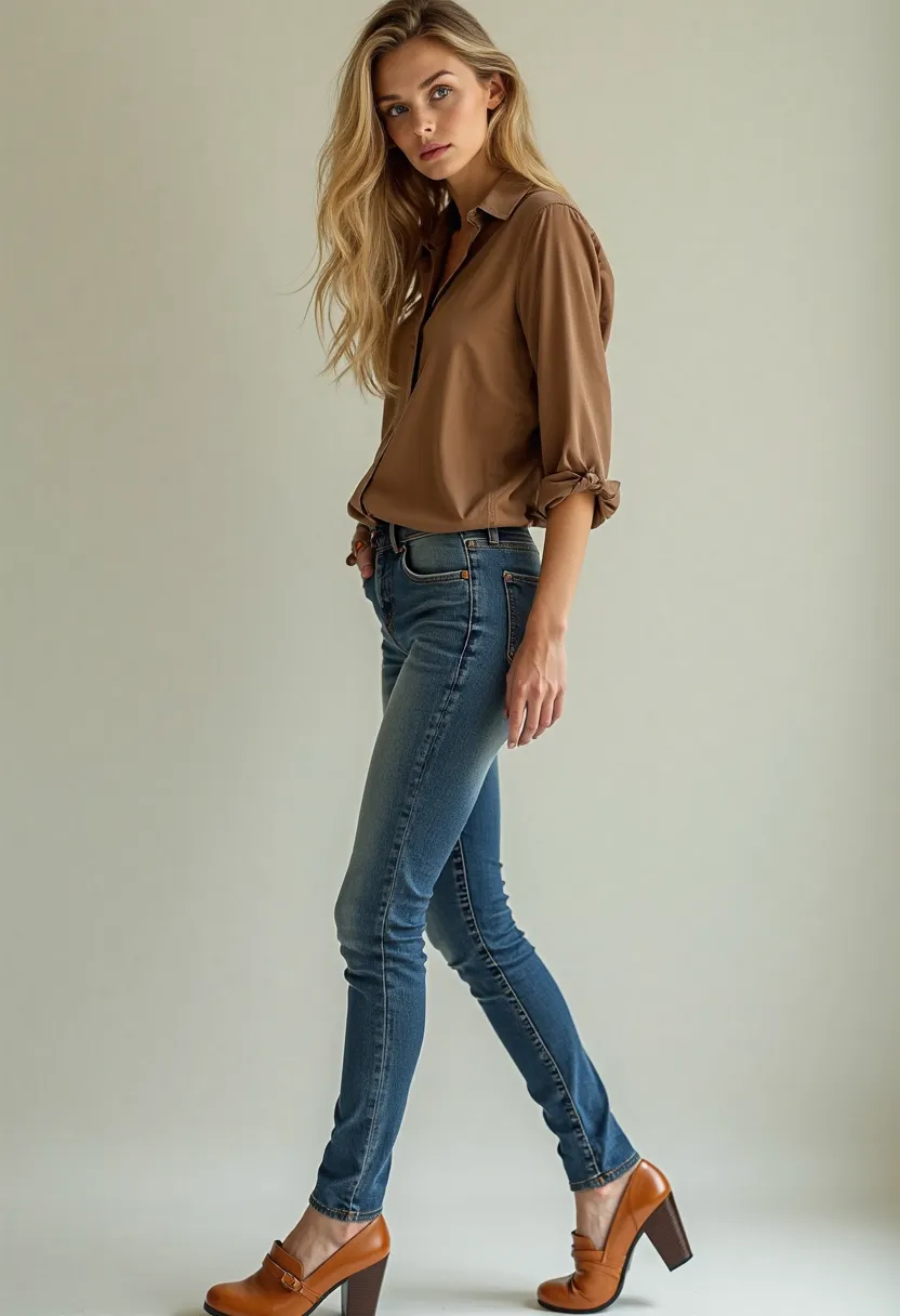 Tall thin blonde woman, long hair, narrow face, blue eyes, brown polyester blouse, Wrangler jeans, brown socks, tan hihg heel clogs