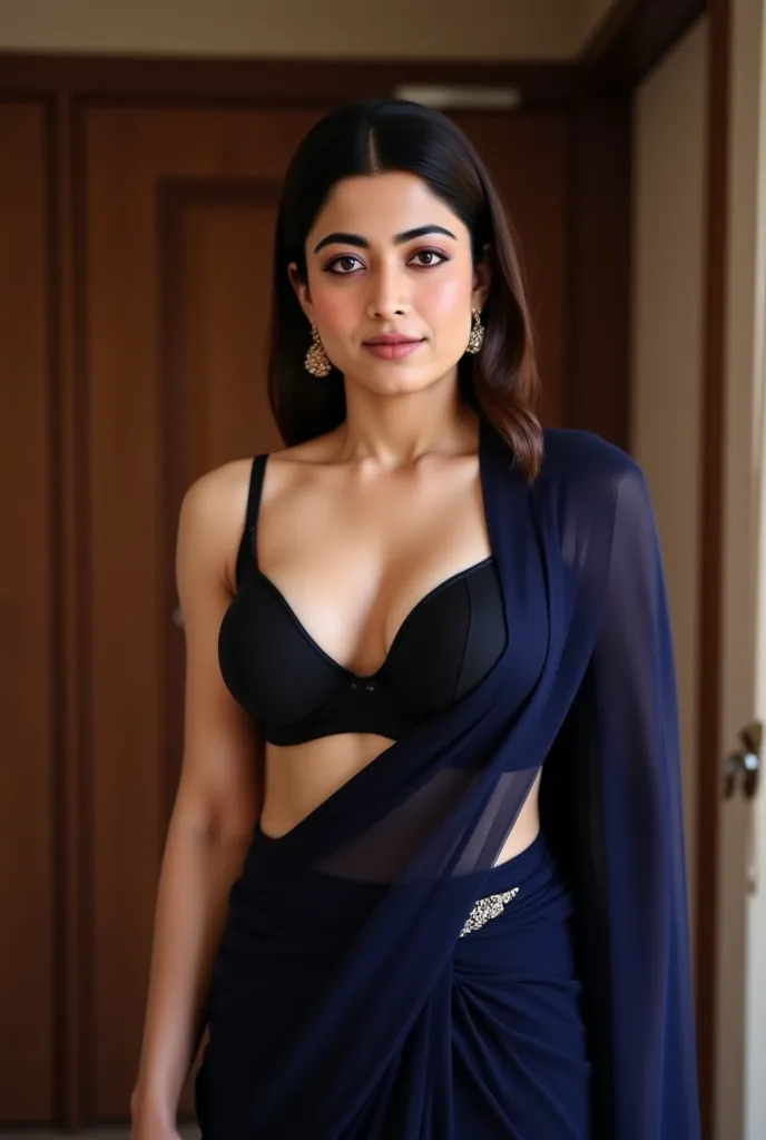 beautiful indian girl, wearing midnightblue saree with a black bra, big breast with huge cleavage, full front look, standing in front of door, hand tied back, full body view, view full beautiful led spread wild, 4k, realistic