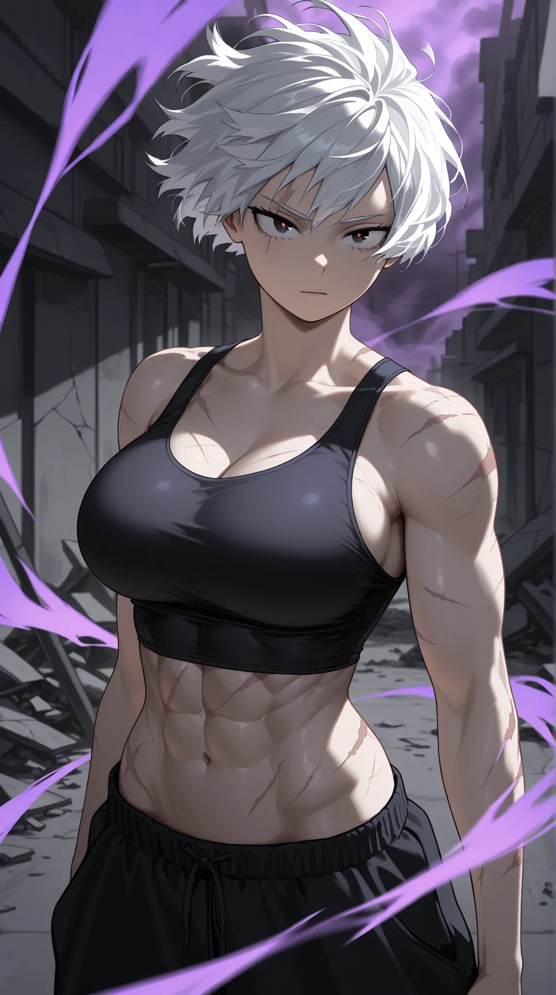 1teenager, female focus,athletic body, tall, fair skin,silver color slick back short hair,hazel eyes,boku no hero academia,eyes on camera, masterpiece, best quality, very aesthetic,scar crossing the left eyes,abs, scars on body, big breast,shattered mirror...