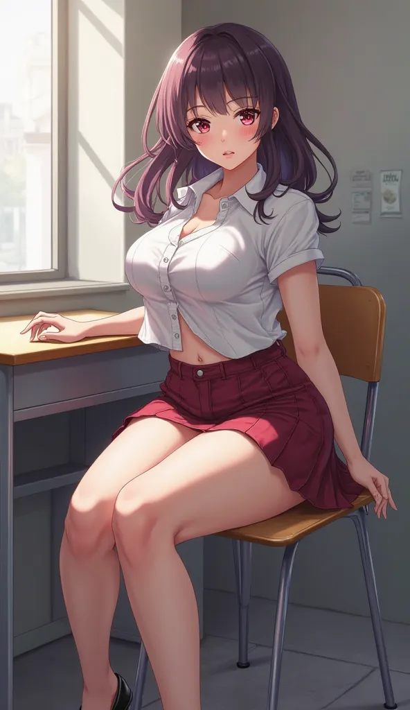 Anime Beautiful voluptuous woman, sexy schoolgirl, dyed hair, white shirt with short sleeves, shirt unbuttoned over breasts, large breasts, exaggeratedly short dark red miniskirt, disheveled shirt hanging outside of miniskirt, at school, sitting at desk, b...