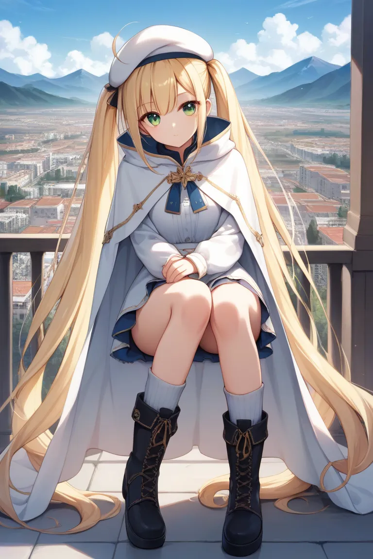 masterpiece, best quality, anime style, 1girl, cute girl, long twintail, blonde hair, green eyes, white beret, white long cape, rest of the clothes in blue and black, big socks, black boots, standing, looking at viewer, city in mountain, side character, fr...