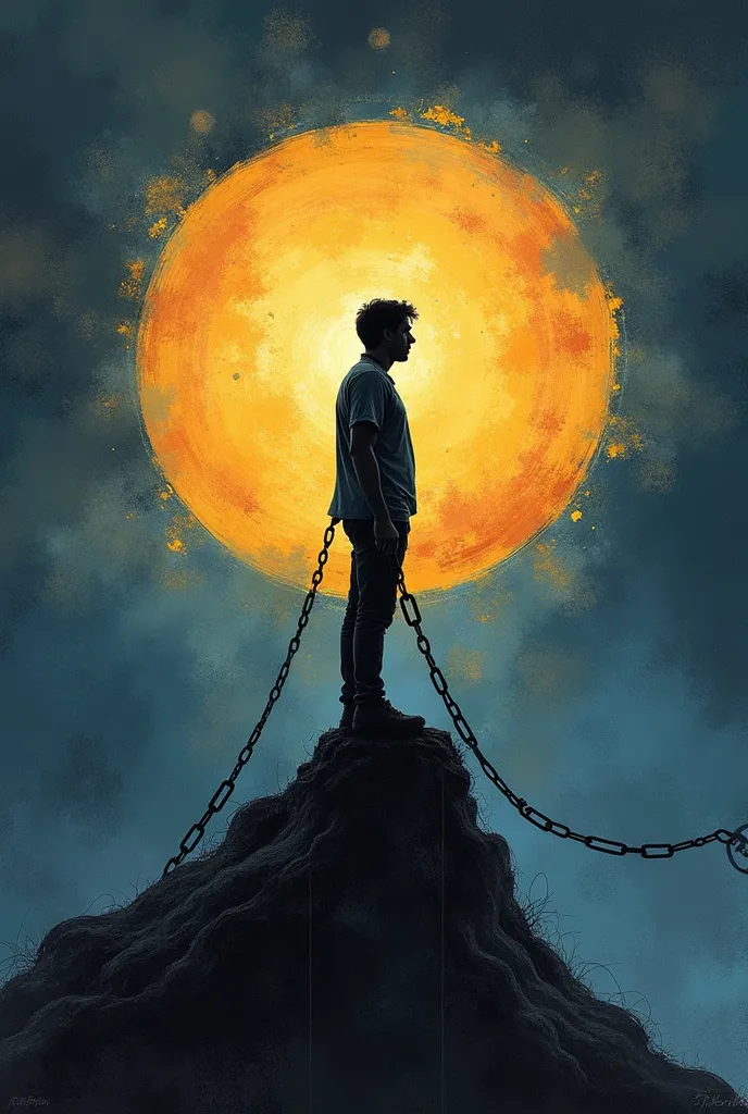 The drawing on the poster could show the silhouette of a person standing on the edge of a circle of comfort zone, with chains that represent the obstacles that chain them together. The background could be a mix of dark colors that symbolize fear and uncert...