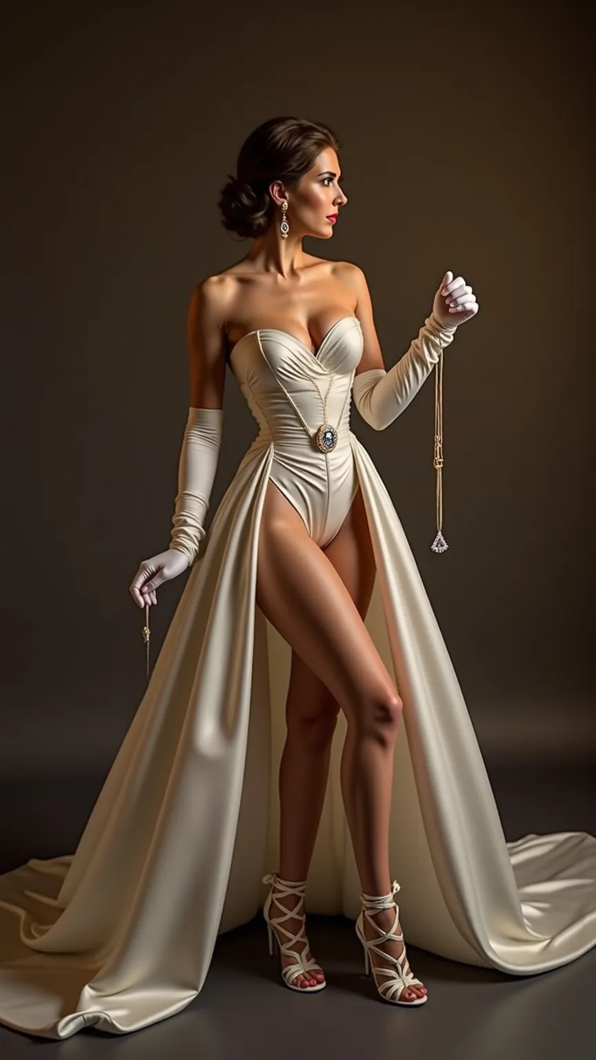 very young, Absolutely bossy and dominant engaged woman from Latin America, with ball gown, long closed satin evening gloves and engagement ring with large diamond over the gloves, A key for a chastity belt around your neck, long lace-up sandals with extre...