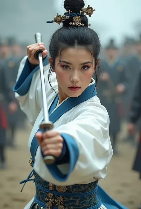 Vintage Chinese princess woman wearing white and blue Hanfu with her hair tied up with hairpins and jewels, while she is in the middle of the battlefield holding her sword ready to attack with a beautiful intimidating face