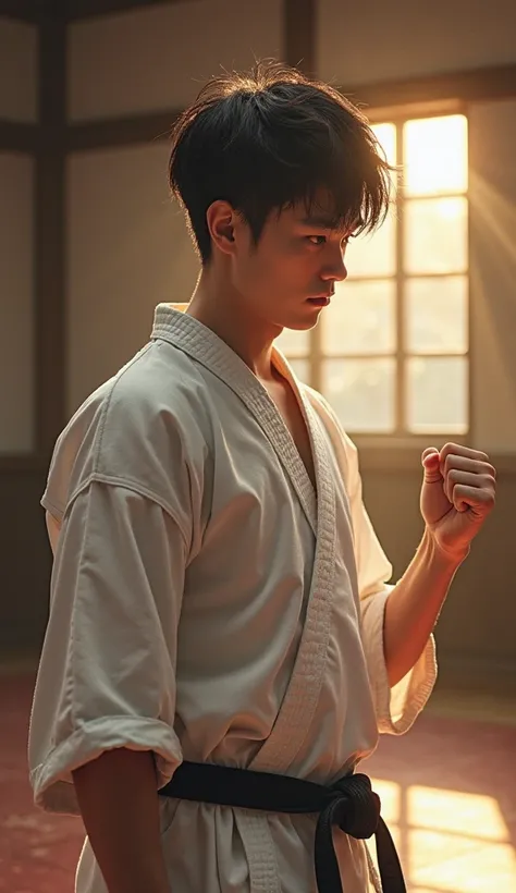 1boy 、composition emphasizing foreground and background、Telephoto Lens、Vision、Dojo where the morning light shines in the early morning、Sacred Atmosphere、looking away、bird's-eye view angle、A large man standing and holding a fighting pose with a focused face...