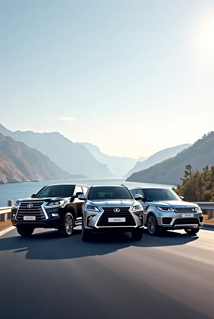 Generate me a vehicle sales poster, Put on the poster three vehicles including a 2024 Toyota Land Cruiser , a Lexus RX on the left and a Range Rover Sport on the right, puis en haut de l'affiche le nom de l'entreprise : Frishop automobile 