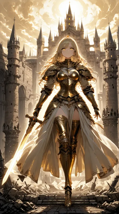 An anime-style blonde girl dressed in a majestic golden Western-style suit of armor stands in front of a grand medieval castle. She holds a glowing sword in her right hand, its radiant light reflecting off her polished armor. As she gracefully turns around...