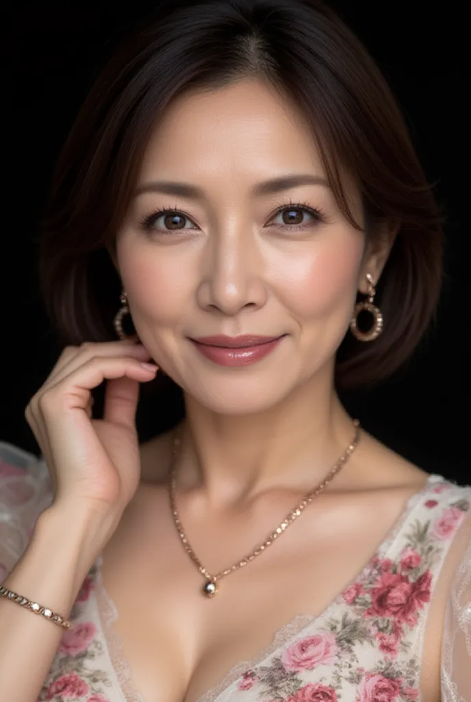 close-up portrait、50-year-old Glamorous Japanese Woman、Voluminous Body Line、fine lines of laughter、Pink Glamorous Makeup、Rose Pink Glossy Lips、Sparkling Pink Gold Eyeshadow、 NATURAL HAIR 、Romantic Chiffon Floral Dress、Elegant Flare Sleeves、Rose Gold Neckla...