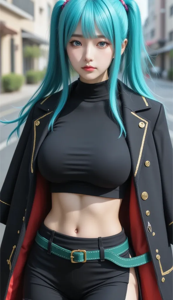 "The blue-green long-haired female character. The black coat is decorated with gold lines and patterns, and {x} has bangs Cut to a square and the side hair flows naturally. urban background. wears a black crop top and short shorts, and, has a green belt ar...