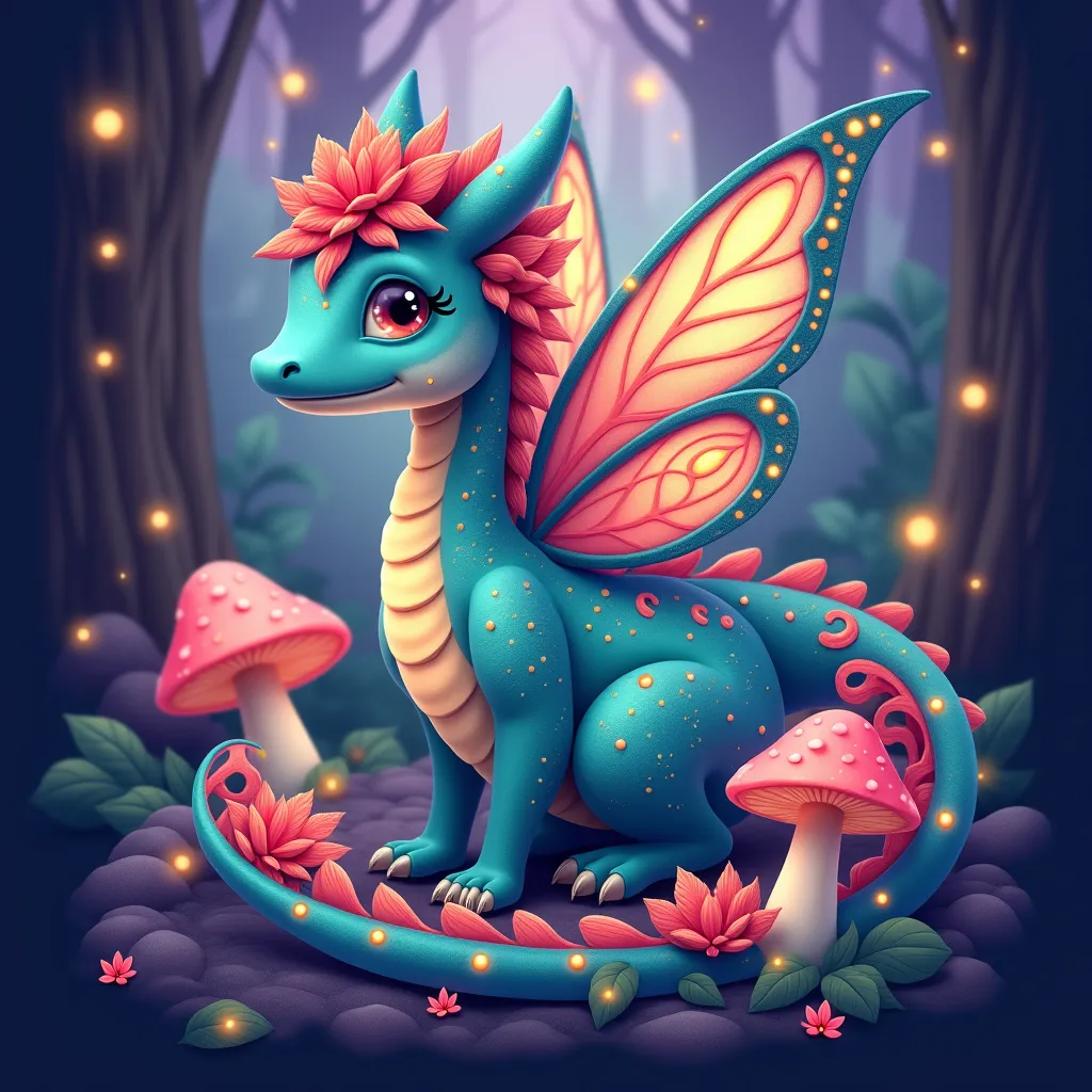 "A whimsical and fantasy-inspired design featuring a magical creature named 'Gamadorella.' The creature has a dragon-like body with shimmering scales in teal and coral tones, butterfly wings with intricate floral patterns, and a long, flowing tail adorned ...