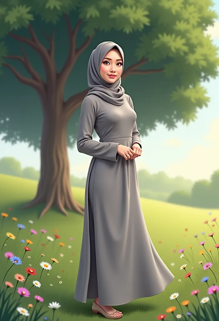   A beautiful smooth Indonesian woman ,  little fat , tall body, hijab, wearing a grey muslim dress. Flat shoes, walking in a meadow with colorful mini flowers under a large tree. look at the viewer,